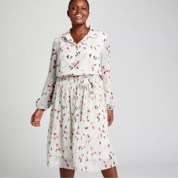 Lane Bryant Long Sleeve Pleated Chiffon Fit & Flare Floral Button Down Dress NWT - Picture 1 of 14